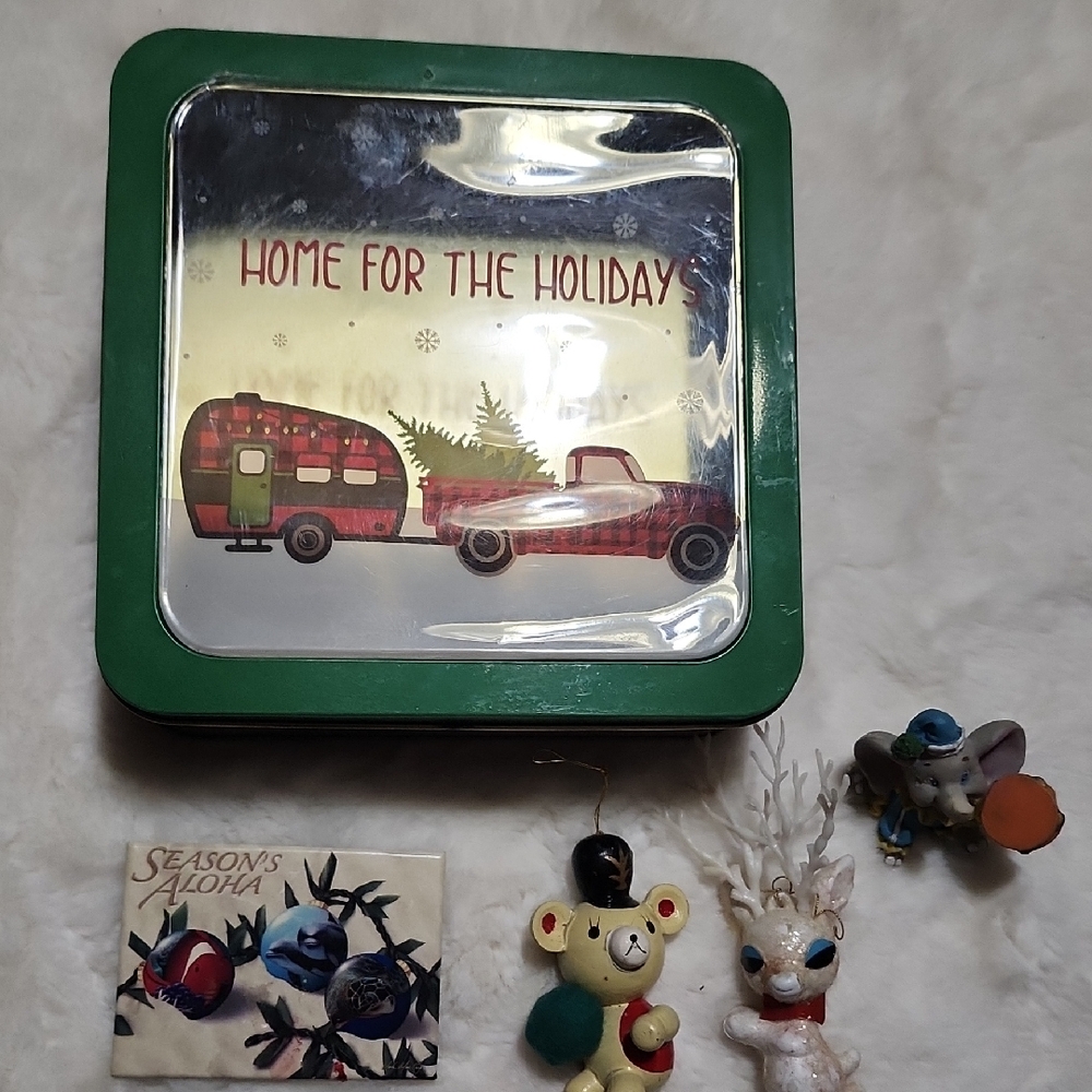 Holiday Tin Box with Green Border and VINTAGE tree Ornaments .